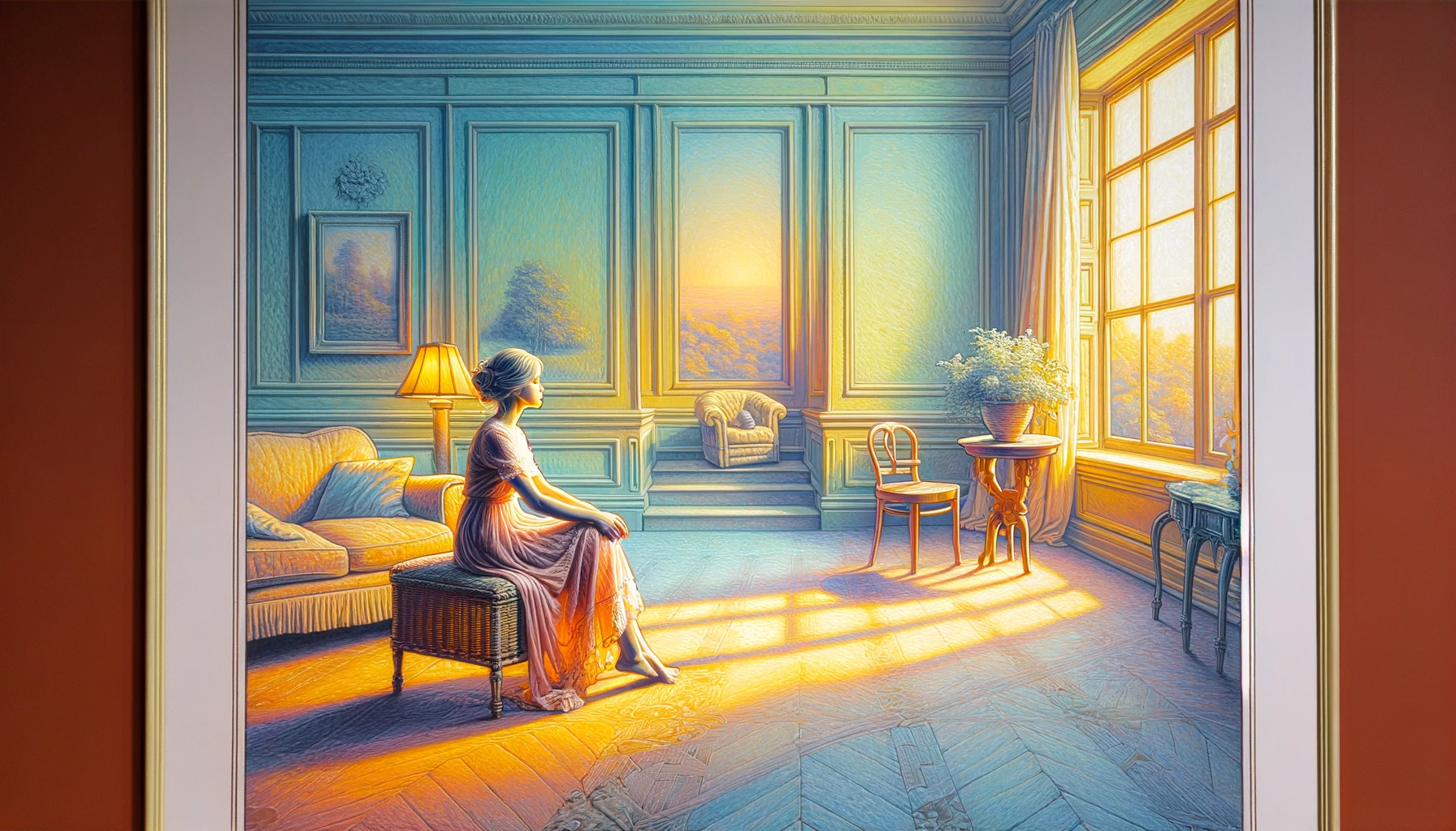 "Serene woman in colorful sitting room, trusted psychic contemplating future insights"