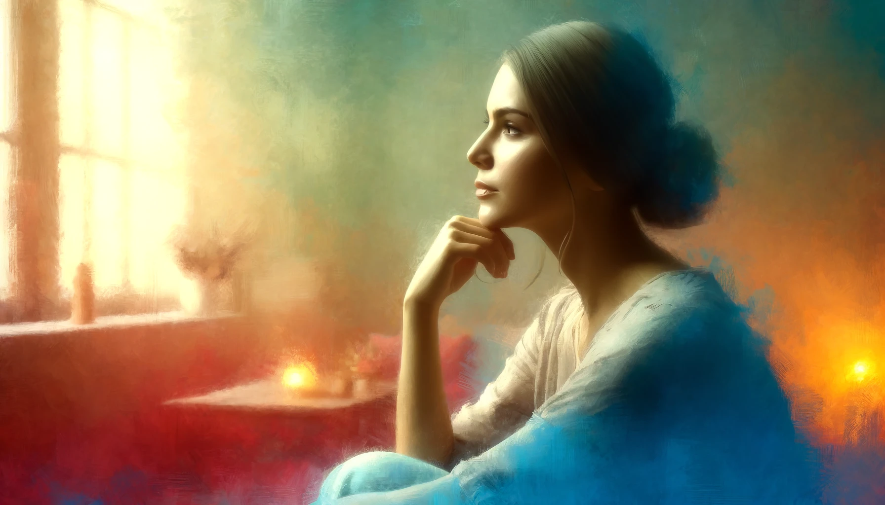 "Thoughtful woman in colorful sitting room, trusted psychic deep in contemplation"